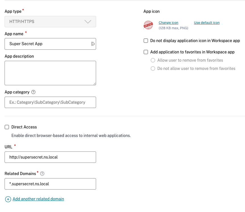 Citrix Secure Private Access Application Settings